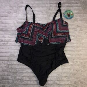 Torrid Swimsuit Sz 3XL Aztec Black One Piece Ruffle Top Padded Rouched‎ Slimming